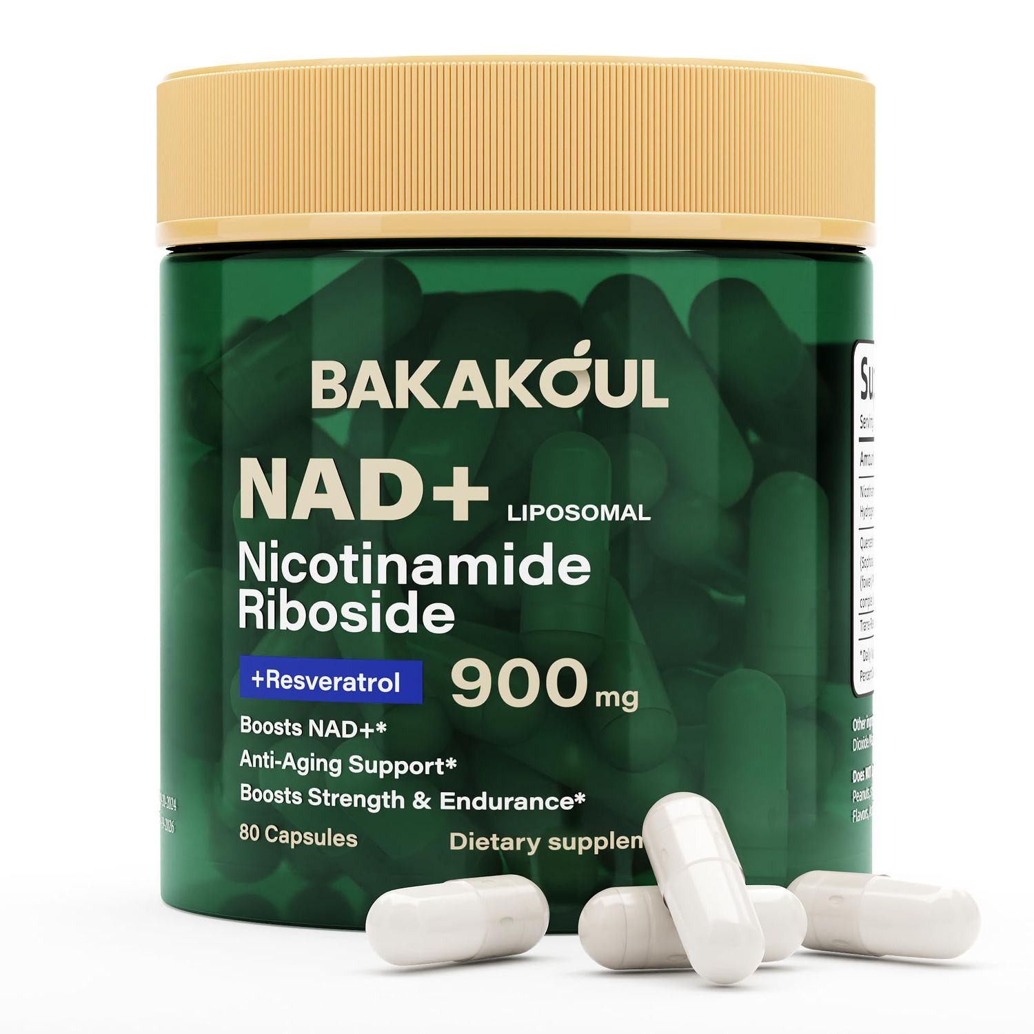 BAKAKOUL NAD Supplement - Liposomal Nicotinamide Riboside, Resveratrol, Quercetin, NAD Nicotinamide Riboside Resveratrol 900mg, NAD Supplement for Men and Women, 80 Capsules 1 Pack
