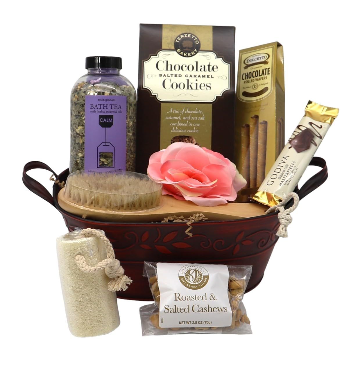 Gift Basket Village: Exotic Temptations - Gourmet Nuts, Spa Products, Chocolates Cookies Set