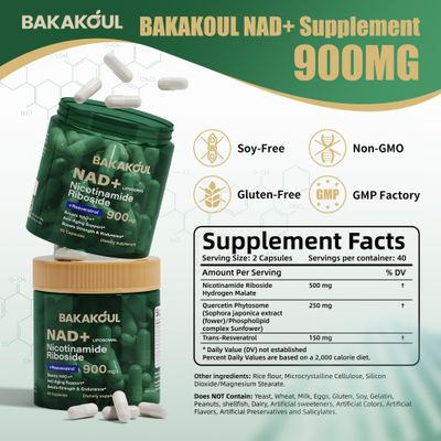 BAKAKOUL NAD Supplement - Liposomal Nicotinamide Riboside, Resveratrol, Quercetin, NAD Nicotinamide Riboside Resveratrol 900mg, NAD Supplement for Men and Women, 80 Capsules 1 Pack