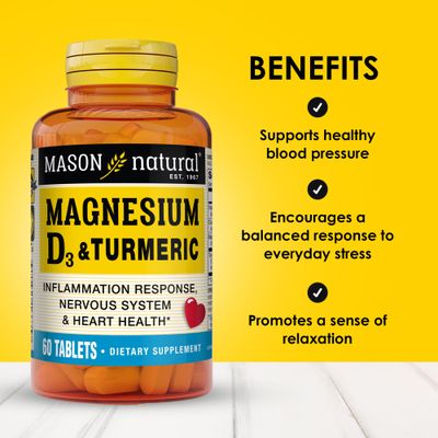 MASON NATURAL Magnesium Vitamin D3 with Turmeric, 60 Day Supply Dietary Supplement with 500 mg Magnesium, 3000 IU Vitamin D3, and 150 mg Turmeric