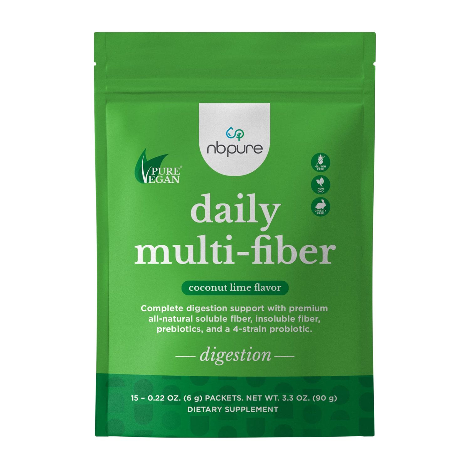 nbpure Daily Multi-Fiber Fiber Supplement, Premium All-Natural Soluble and Insoluble Fiber, Prebiotics Probiotics, Coconut Lime Flavor- 15 Individual Serving Stick Packs