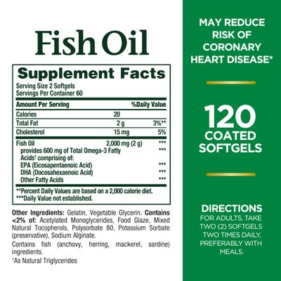 Natures Bounty Fish Oil, Supports Heart Health, Dietary Supplement, 300mg Omega-3, 120 Coated Softgels