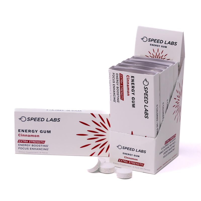Speed Labs Cinnamon Extra Strength Caffeine Chewing Gum 50mg Caffeine, Taurine, B Vitamins Per Piece, 48 Pieces 6 Packs of 8 Pieces Sugar Free, Zero Calorie, No Aspartame, Gluten Free