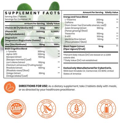 17-in-1 Brain Supplement for Memory and Focus - Nootropic Brain Supplement for Concentration, Clarity, Energy Focus - Natural Caffeine Blend with Vitamins, Amino Acids Herbal Extracts - 60 Tablets