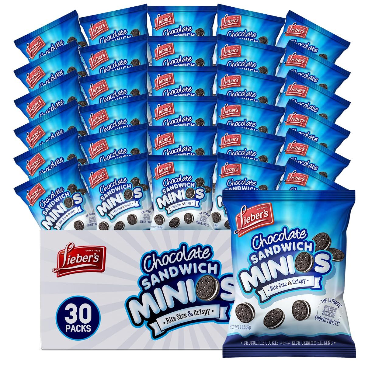 Lieber s Sandwich Minios Chocolate Cookies - Bite-Sized Treats with Rich Cream Filling - 2 Oz. Bags, 30 Snack Packs - Crispy and Delicious