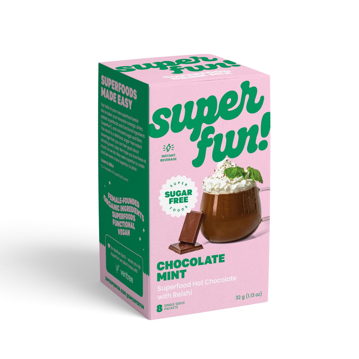 Superfun! Chocolate Mint Instant Hot Chocolate Powder, with Reishi Mushrooms. Sugar-free Superfoods, 8 Single Serve Stick Packs