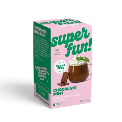 Superfun! Chocolate Mint Instant Hot Chocolate Powder, with Reishi Mushrooms. Sugar-free Superfoods, 8 Single Serve Stick Packs