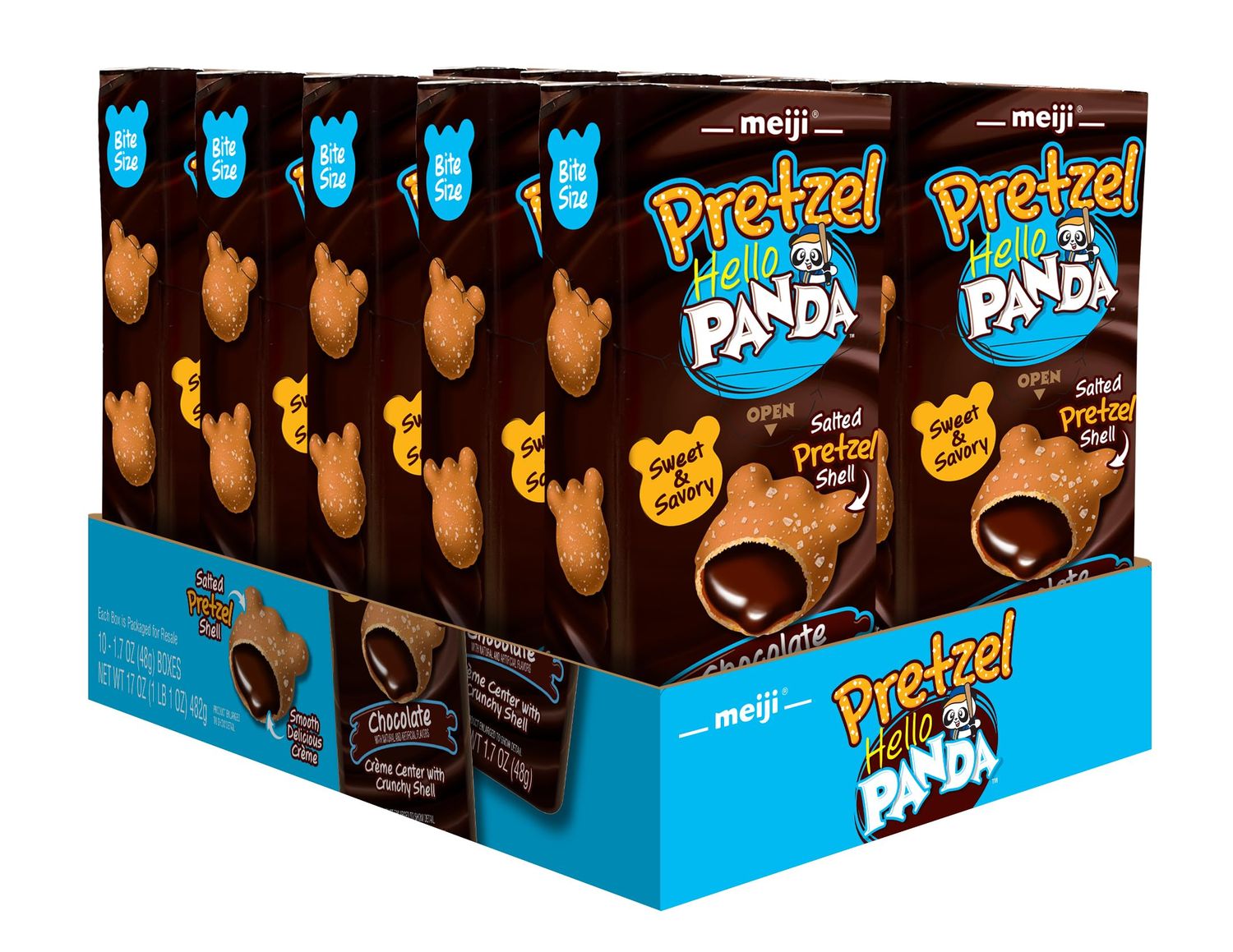 MEIJI Hello Panda Pretzel Cookies, Chocolate Crme Filled - 1.7oz, Pack of 10 - Crunchy Pretzel Shell with Smooth Delicious Crme
