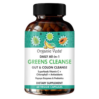 Super Greens Total Gut Health, Digestion Colon Cleanse Supplement - All in One Organic superfoods, Turmeric, Papaya, Chlorophyll, Moringa, Psyllium Husk, Triphala, Digestive Enzymes - 60 Capsules