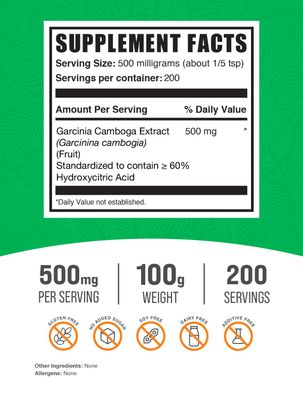 BulkSupplements.com Garcinia Cambogia Extract Powder - 60 HCA, from Garcinia Cambogia Fruit, Garcinia Cambogia Powder - Gluten Free, 500mg per Serving, 100g 3.5 oz Pack of 1