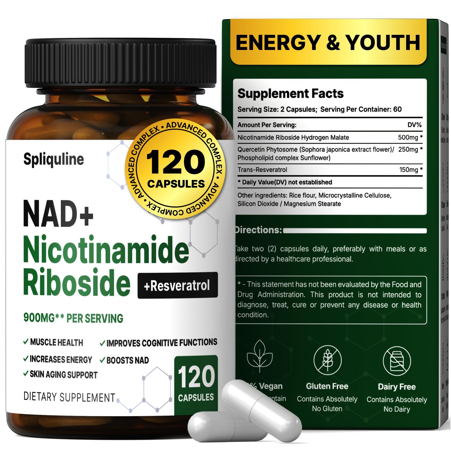 Spliquline NAD Supplement with Resveratrol, Quercetin Nicotinamide Riboside for Cellular Energy Muscle Support, NAD Supplement for Men Women, 120 Count