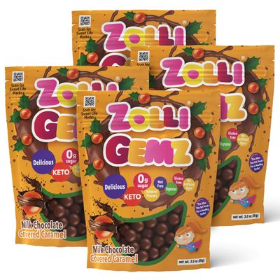 Zolli Gemz Sugar-Free Candy, Milk Chocolate Covered Caramel, 3 Ounce Bag 4 Packs