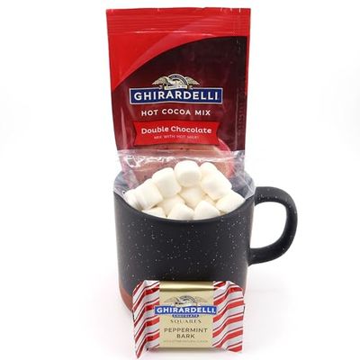 Gourmet Hot Chocolate Gift Sets by Happy Packs Black Ceramic Mug with Ghirardelli Hot Chocolate Mix, Marshmallows Peppermint Bark Christmas Gifts for Women Men 2024