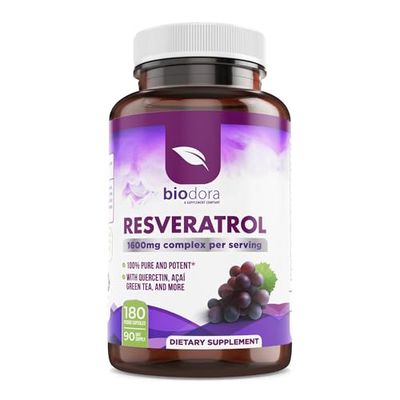 Biodora Resveratrol 1600mg, Trans-Resveratrol Antioxidant Supplement with Green Tea, Grape Seed Extract and Quercetin, Helps to Support Digestive Health and Immune System, 180 Capsules