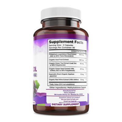 Biodora Resveratrol 1600mg, Trans-Resveratrol Antioxidant Supplement with Green Tea, Grape Seed Extract and Quercetin, Helps to Support Digestive Health and Immune System, 180 Capsules