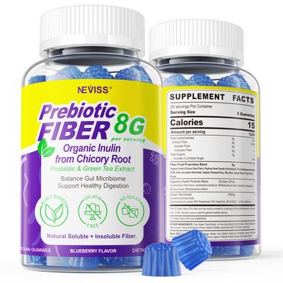 Fiber Gummies for Adults 8g Inulin, Psyllium Husk, FOS More with Probiotics, Green Tea Extract, Sugar Free Plant Based Fiber Supplement Blend for Digestive Health, Regularity, Non-GMO, Vegan, 60Cts