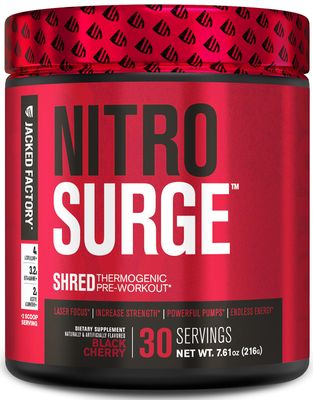 Jacked Factory NITROSURGE Shred Pre Workout Supplement - Energy Booster, Instant Strength Gains, Sharp Focus, Powerful Pumps - Nitric Oxide Booster PreWorkout Powder - 30Sv, Black Cherry