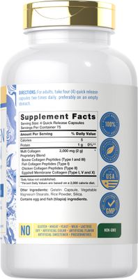 Carlyle Multi Collagen Protein Capsules 2000mg 300 Count Type I, II, III, V, X Collagen Peptide Pills Keto & Paleo Friendly, Gluten Free, Non-GMO Supplement