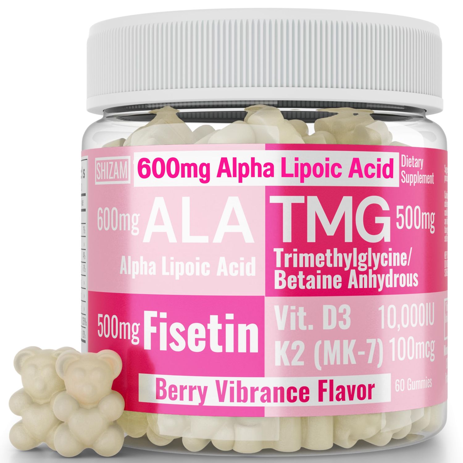 SHIZAM TMG Betaine Alpha Lipoic Acid ALA D3 Fisetin Gummies, Tri-Methylglycine trimethylglycine R-Alpha NAD Plus HCL Supplements, Mitochondrial Senolytic Activator, NR Capsules Powder 600mg 1000mg