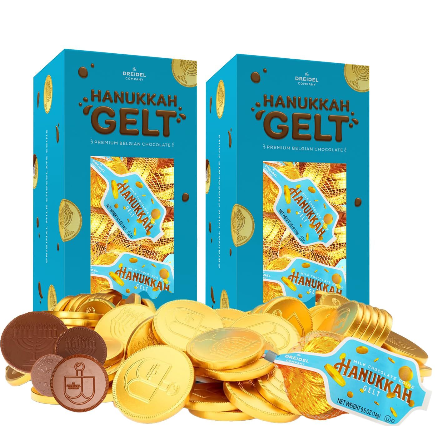 The Dreidel Company Chocolate Coins, Nut-Free, 14 Gram Mesh Bags - Made With Premium Belgian Milk Chocolate, Kosher Dairy Gluten free, Non GMO, Chanukah Gelt, 48 Mesh Bags