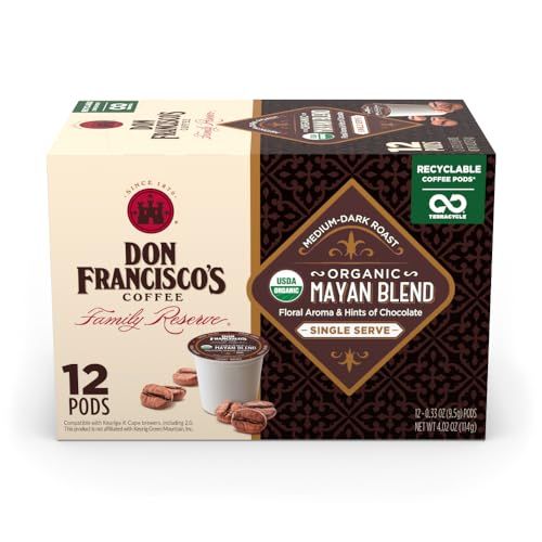 Don Franciscos Organic Mayan Blend Medium-Dark Roast Coffee: 12 K Cups Compatible Single-Serve Pods for Keurig Brewers, Bold Flavor with Floral Aroma and Chocolate Hints