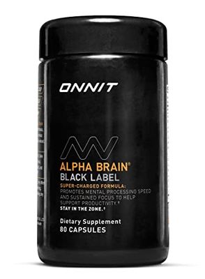 ONNIT Alpha Brain Black Label Capsule 80ct Premium Citicoline Brain Supplement - Focus, Concentration Memory - Lions Mane, Hericium Erinaceus, L Theanine Mucuna Pruriens
