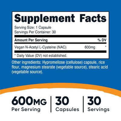 Nutricost N-Acetyl L-Cysteine NAC 600mg, 30 Vegan Capsules - GMO Free, Gluten Free, Vegetarian Caps
