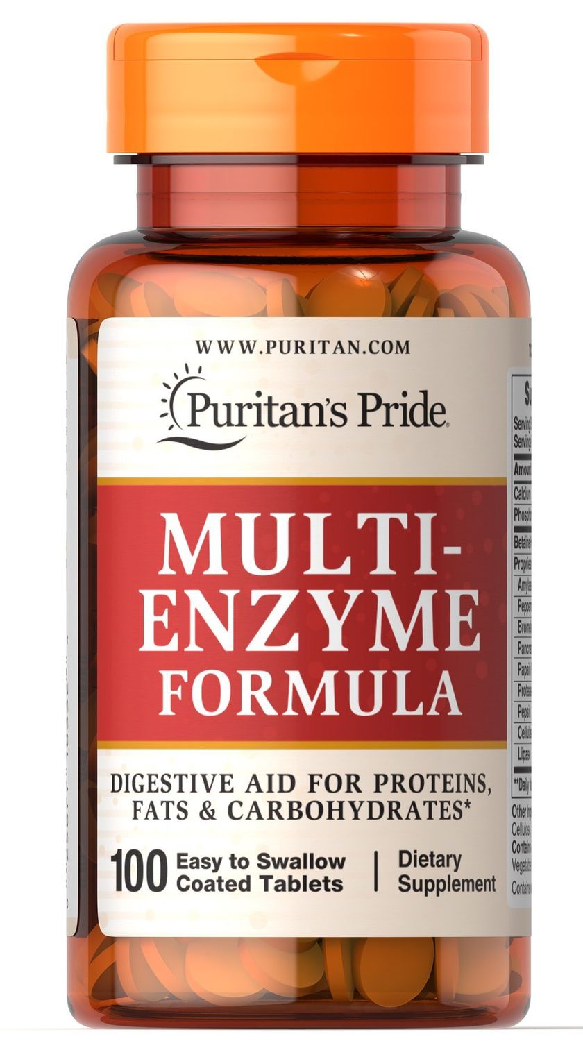 Puritans Pride Multi-Enzyme Formula, Digestive Aid for Proteins, Fats, and Carbohydrates, Dietary Supplement for Digestion and Healthy Gut Support, 50 Day Supply, 100 Easy to Swallow Coated Tablets
