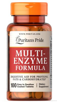 Puritans Pride Multi-Enzyme Formula, Digestive Aid for Proteins, Fats, and Carbohydrates, Dietary Supplement for Digestion and Healthy Gut Support, 50 Day Supply, 100 Easy to Swallow Coated Tablets