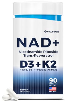 NAD Supplement with Vitamin D3 and K2 as MK7 - NMN Supplement Alternative - Nicotinamide Riboside, Trans-Resveratrol for Anti-Aging, Energy - Vegetarian 60 Capsules, 1300mg