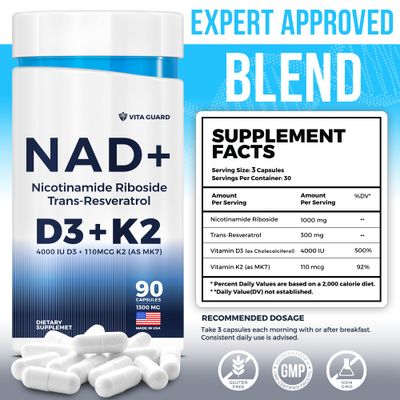 NAD Supplement with Vitamin D3 and K2 as MK7 - NMN Supplement Alternative - Nicotinamide Riboside, Trans-Resveratrol for Anti-Aging, Energy - Vegetarian 60 Capsules, 1300mg