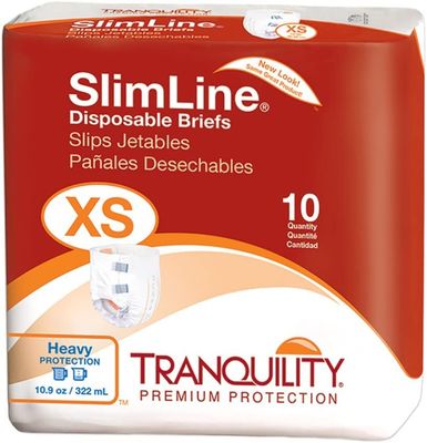 Tranquility Slimline Original Adult Disposable Brief, Adult X-Small, Incontinence Care with a Slimmer Fit, Peach Mat Core Kufguard Technology for Max Comfort, Latex-Free, 10.9oz Capacity, 10ct Bag