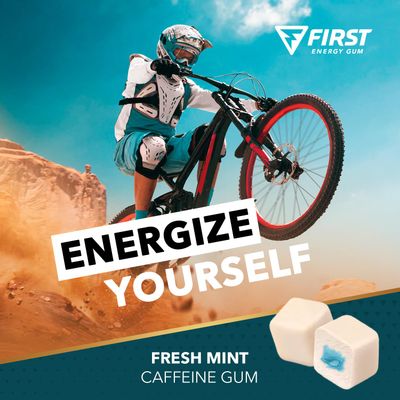 First Energy Caffeine Gum Sugar-Free, Fast-Acting Focus Energy Gum Booster, Ideal for Sports, Work, Study, Drive On-The-Go Alertness, Fresh Mint Flavor Chewing Gum, 6 Pack of 10 Pieces