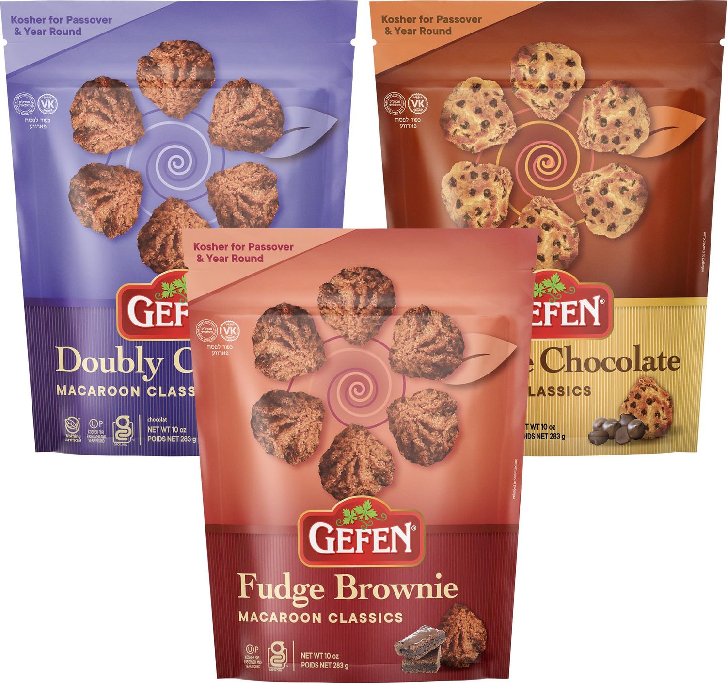 Gefen Gluten Free Macaroons, 10oz 3 Pack Variety Double Chocolate, Chocolate Chip, Fudge Brownie Resealable Bag Dairy Free Kosher for Passover