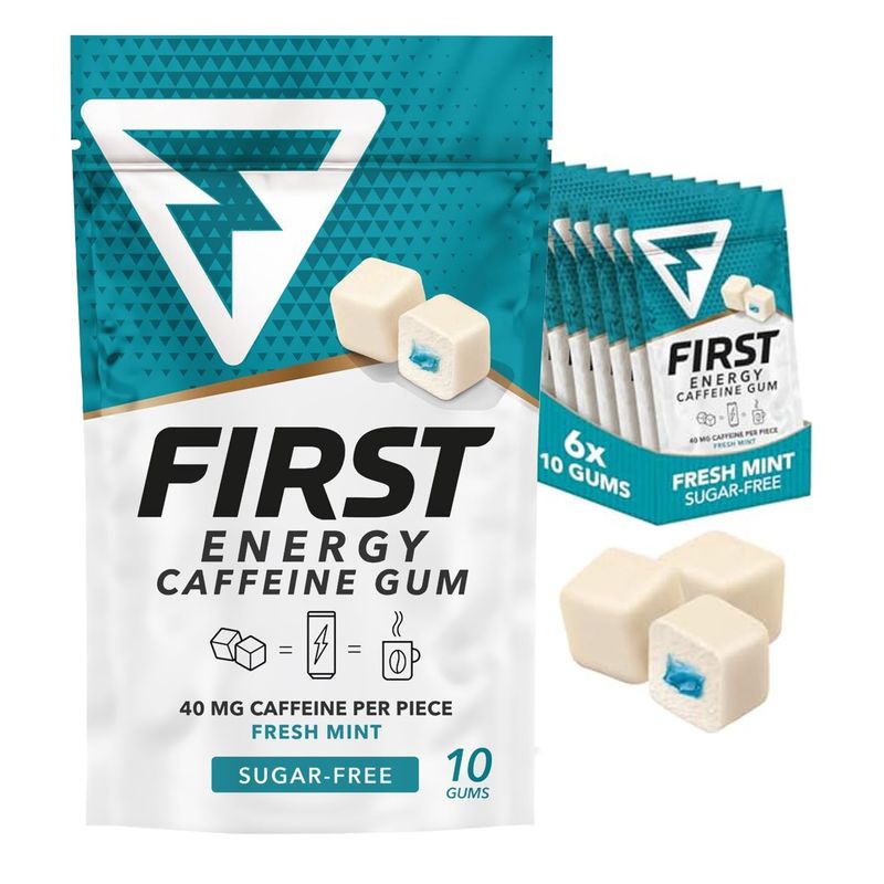 First Energy Caffeine Gum Sugar-Free, Fast-Acting Focus Energy Gum Booster, Ideal for Sports, Work, Study, Drive On-The-Go Alertness, Fresh Mint Flavor Chewing Gum, 6 Pack of 10 Pieces