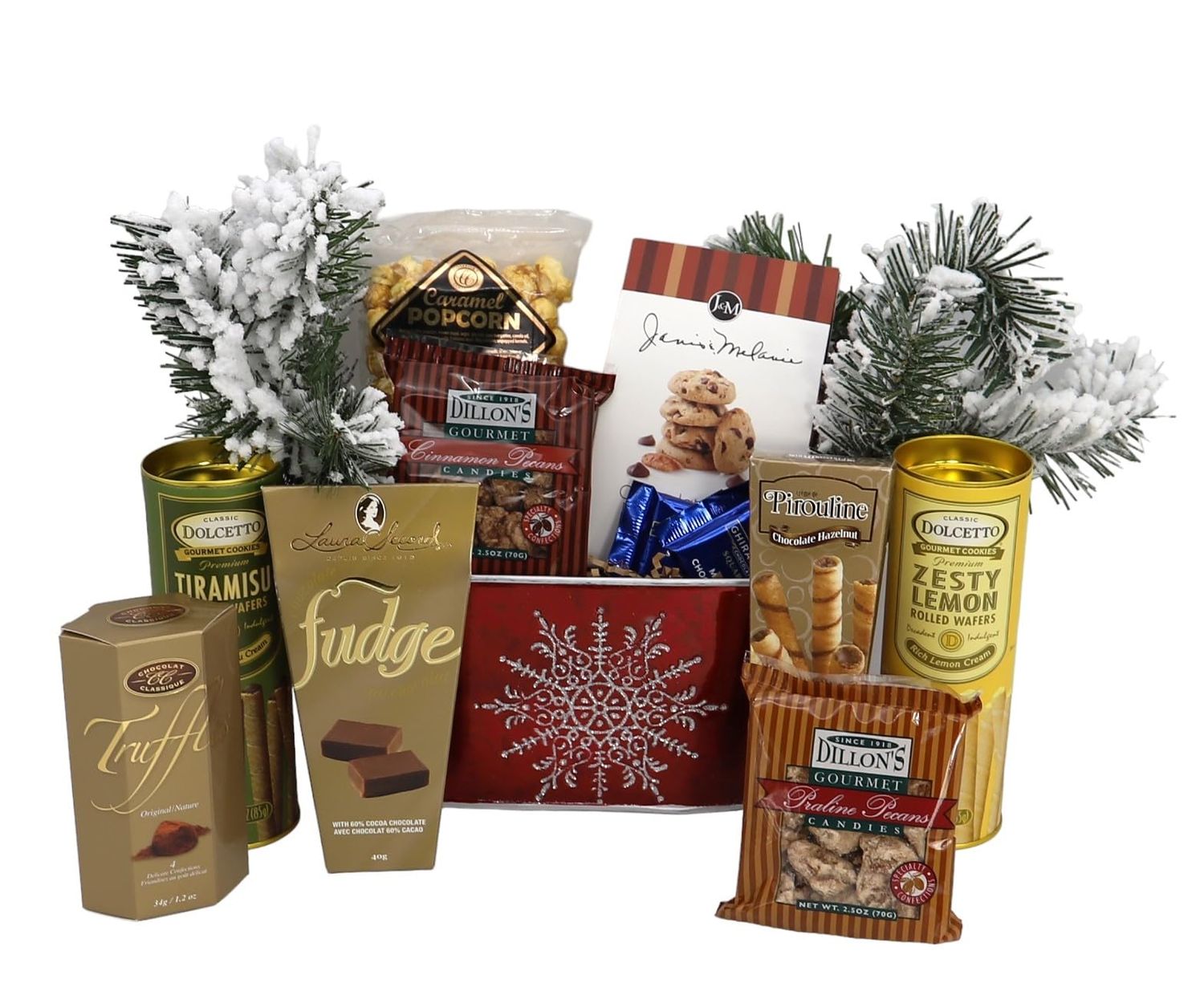 Gift Basket Village Christmas Elegance Gift Basket: Gourmet Wafers, Fudge, Popcorn, Pecan Candies, Cookies Chocolates, Perfect Holiday Treat, 11x4x9 , 2.19 lbs