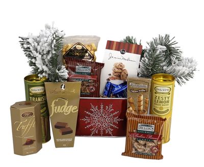 Gift Basket Village Christmas Elegance Gift Basket: Gourmet Wafers, Fudge, Popcorn, Pecan Candies, Cookies Chocolates, Perfect Holiday Treat, 11x4x9 , 2.19 lbs