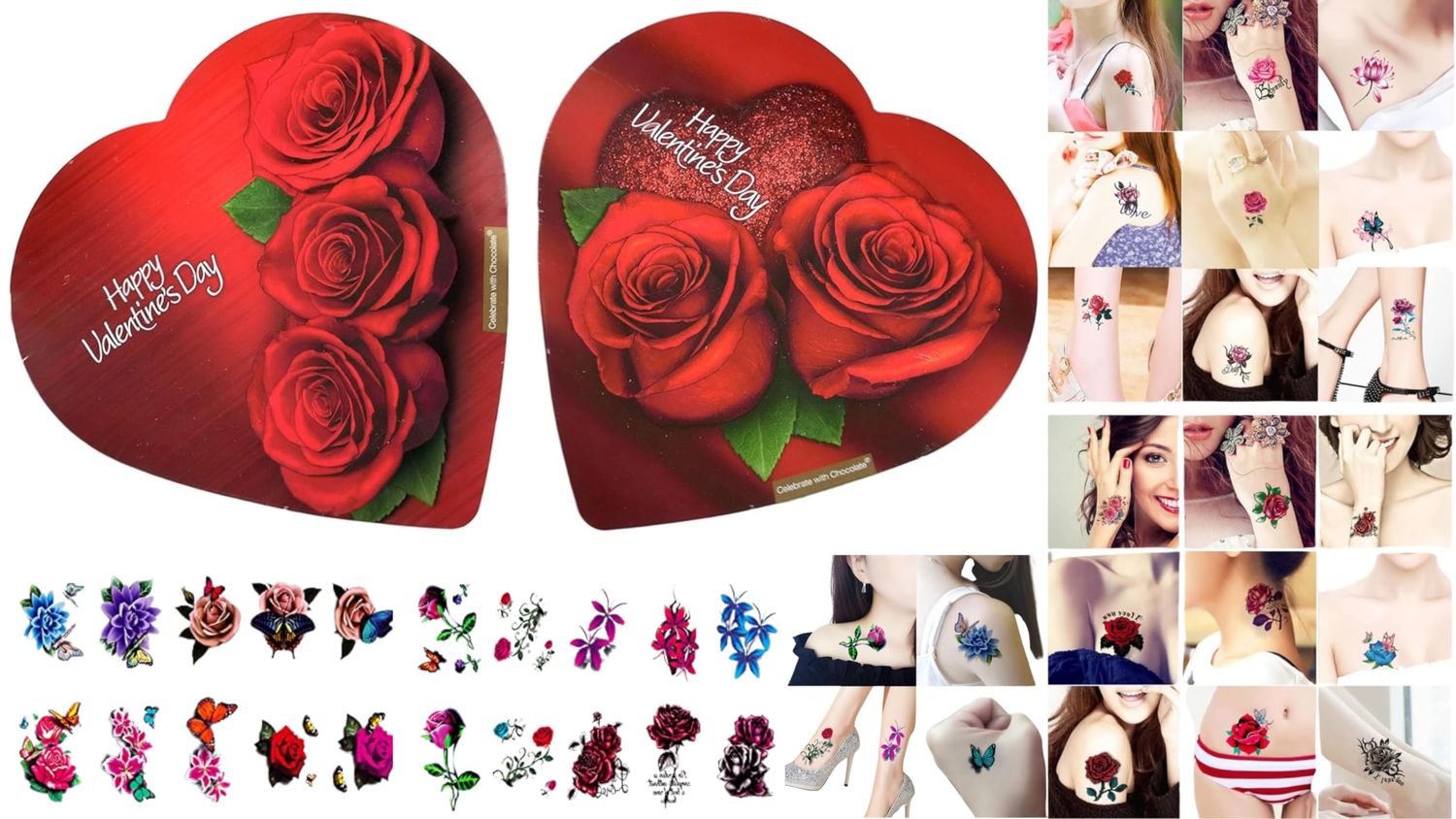 Elmer Chocolate Valentines Day Rose Flowers Heart Shaped, 2 Ounce Chocolate Gift Box with 20 Pcs Random Colorful 3D Stereo Tattoo Flower Sticker Temporary Waterproof Beautiful Body Art
