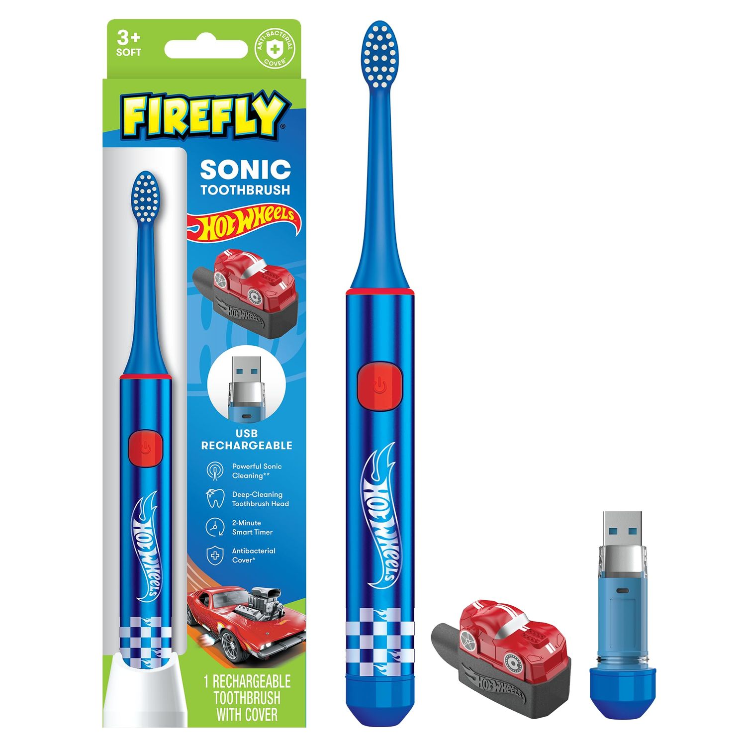 Firefly Slim Sonic Hot Wheels Toothbrush with USB Charging and Antibacterial Cover, Ages 3, 1 Count