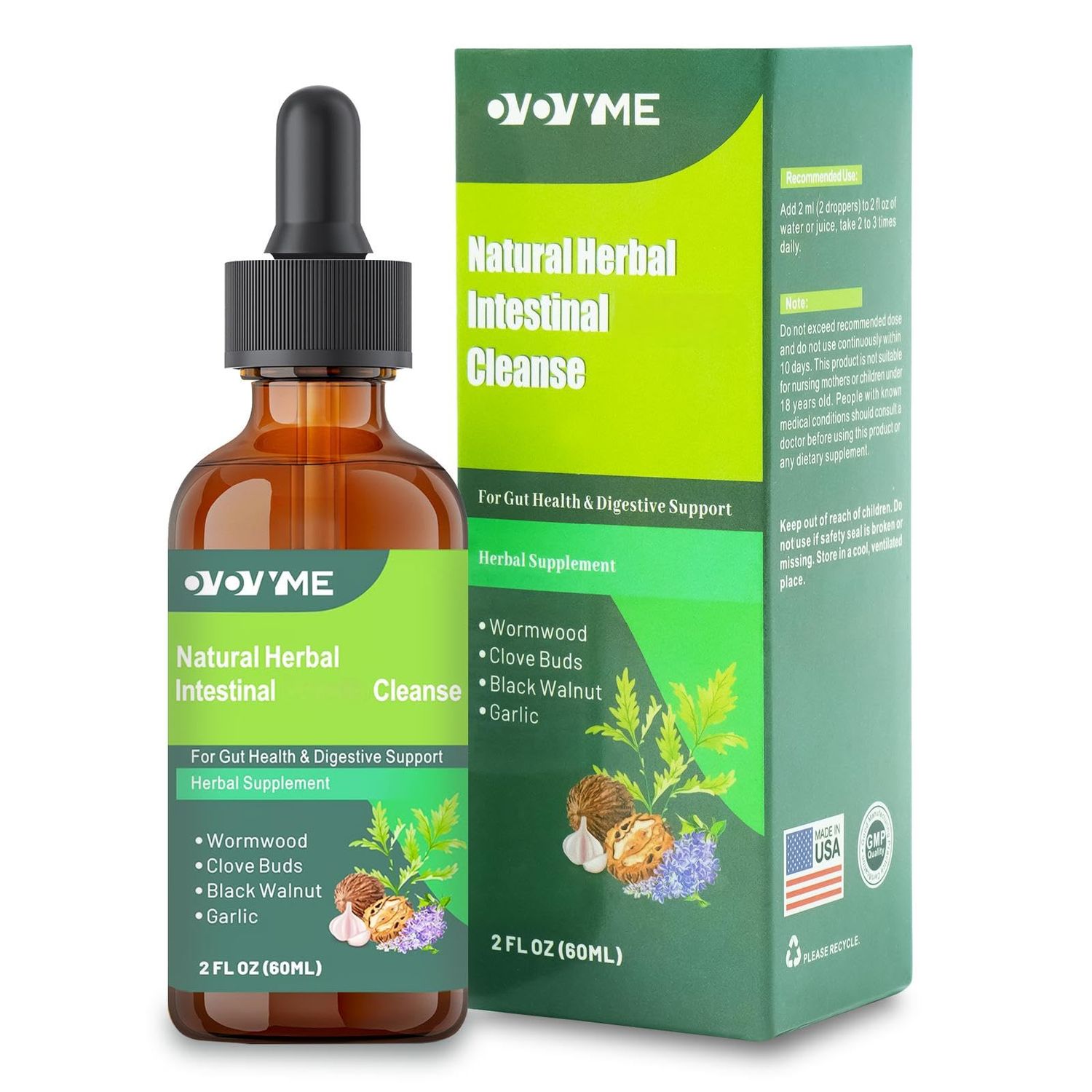 OVOVYME Natural Herbal Intestinal Cleanse, 2 fl oz, Gut Health Support with Wormwood, Black Walnut, Clove, Garlic