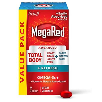 Omega-3 Blend Total Body Refresh 500mg Softgels, MegaRed 65 count in a bottle, Easily Absorbed Krill Oil, To Support Your Heart, Joints, Brain Eyes