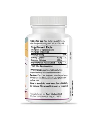 Body Kitchen Mega NAC N-Acetyl Cysteine 600 mg with Quercetin, Supports Respiratory Health and Immune Function and Promotes Liver and Kidney Detox, Veggie Caps, Pack of 3