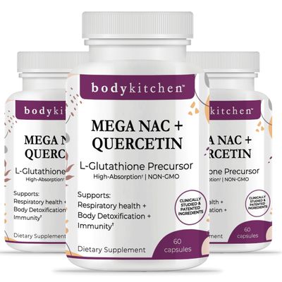 Body Kitchen Mega NAC N-Acetyl Cysteine 600 mg with Quercetin, Supports Respiratory Health and Immune Function and Promotes Liver and Kidney Detox, Veggie Caps, Pack of 3