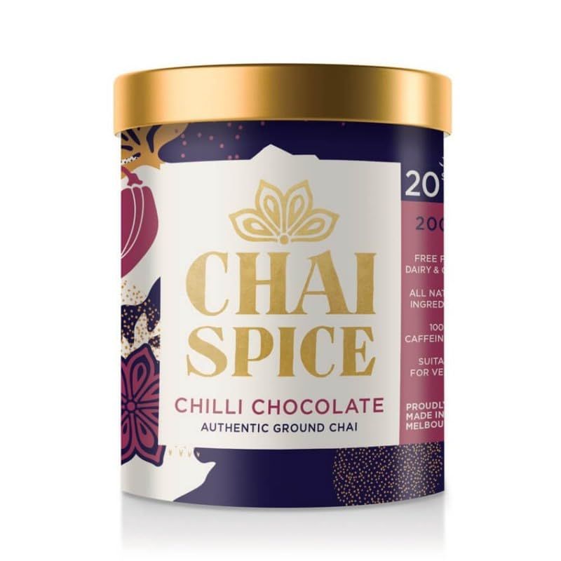 Chai Spice Authentic Ground Chai Chilli Chocolate Chai Powder 200g - Spicy Drink Mix for Hot Cold Beverages, Iced Lattes, Desserts Baking - Caffeine-Free