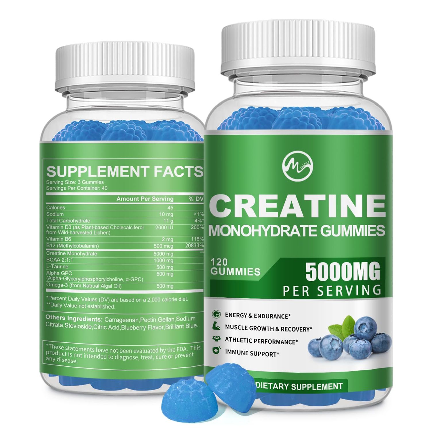 Creatine Monohydrate Gummies - 5000mg Creatine Monohydrate for Men Women, with BCAA, L-Taurine, Alpha GPC and Omega-3, Increase Strength and Build Muscle, Blueberry Flavor, 120 Gummies