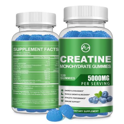 Creatine Monohydrate Gummies - 5000mg Creatine Monohydrate for Men Women, with BCAA, L-Taurine, Alpha GPC and Omega-3, Increase Strength and Build Muscle, Blueberry Flavor, 120 Gummies