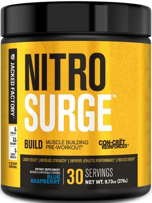 Jacked Factory Nitrosurge Build Pre Workout with Creatine for Muscle Building - Con Cret Creatine Powder elevATP for Intense Energy, Powerful Pump, Endless Endurance - 30 Servings, Blue Raspberry