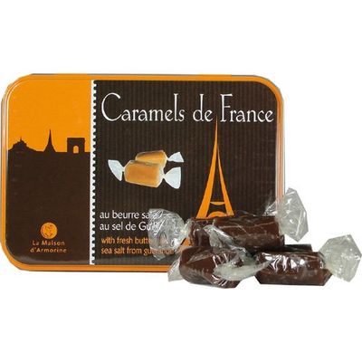 La Maison dArmorine, Caramels de France au Beurre Sale au Sel de Guerande - Chocolat French Sea Salted Tender Butter Caramels in Small Collectors Eiffel Tower Tin, 5.3 Oz
