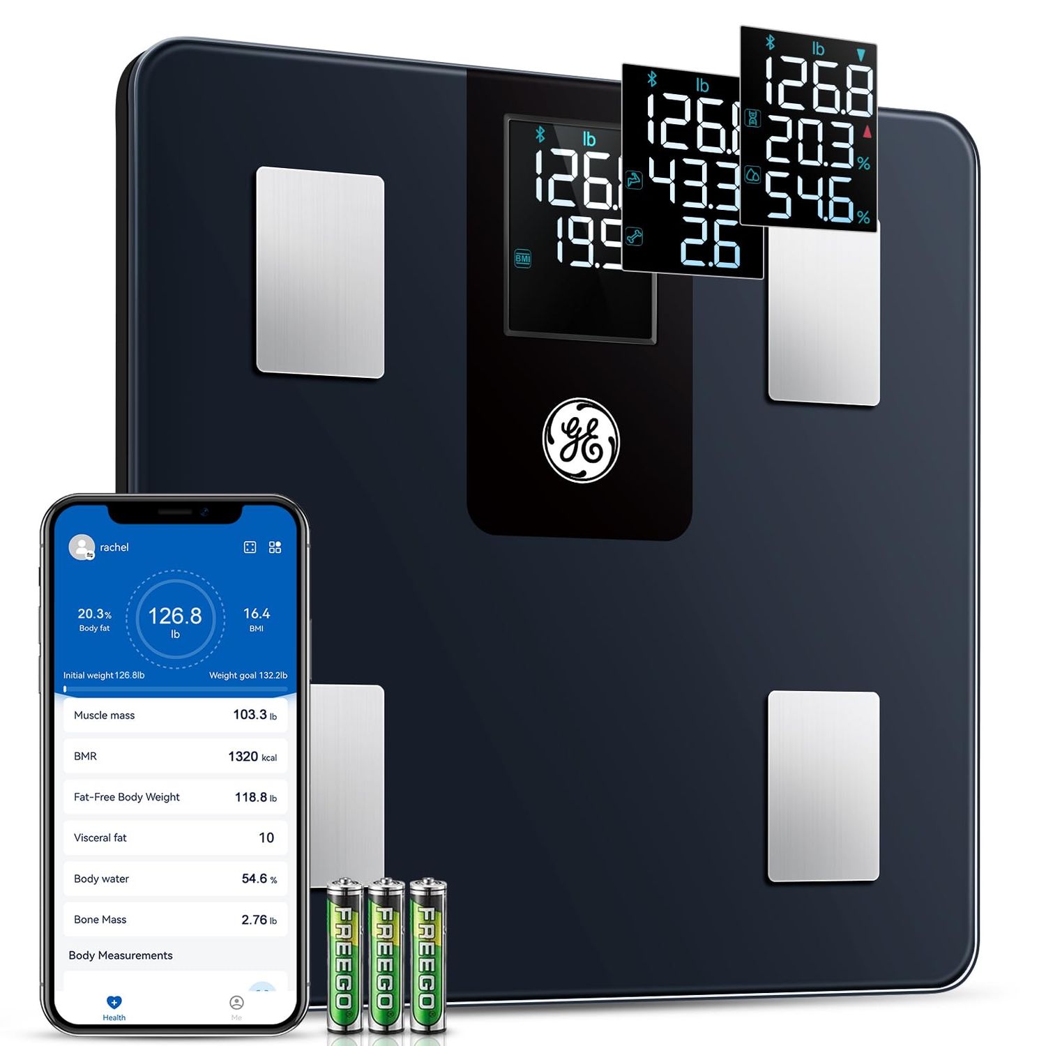 GE Smart Scale for Body Weight and Fat Percentage with All-in-one LCD Display, Digital Bathroom Weight Scales Bluetooth Body Composition Analyzer with App, Accurate Weighing, 400 lbs 180 kg