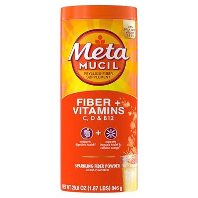 Metamucil Sparkling Fiber Supplement Vitamins, Plant Based Psyllium Fiber Powder with Vitamins C, D B12, Daily Supplement for Regularity Metabolism, Citrus Flavored, Sugar-Free, 90 Servings